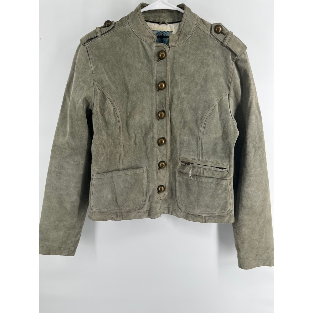Womens Wilsons Leather Vintage Suede Military Jacket Medium Gray Olive Green